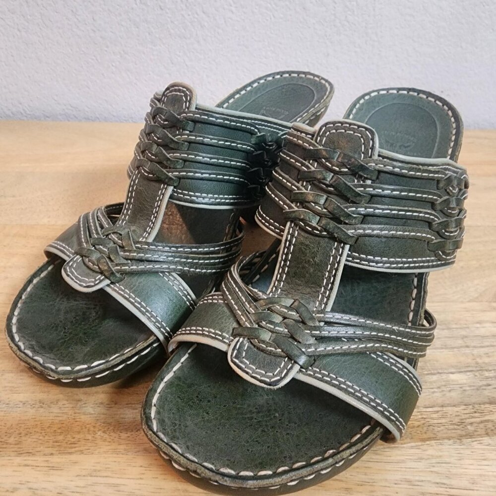 Frye Sandals Womens Size 7 Green Leather Woven Slide Mule High Heels 73370 - Picture 6 of 12